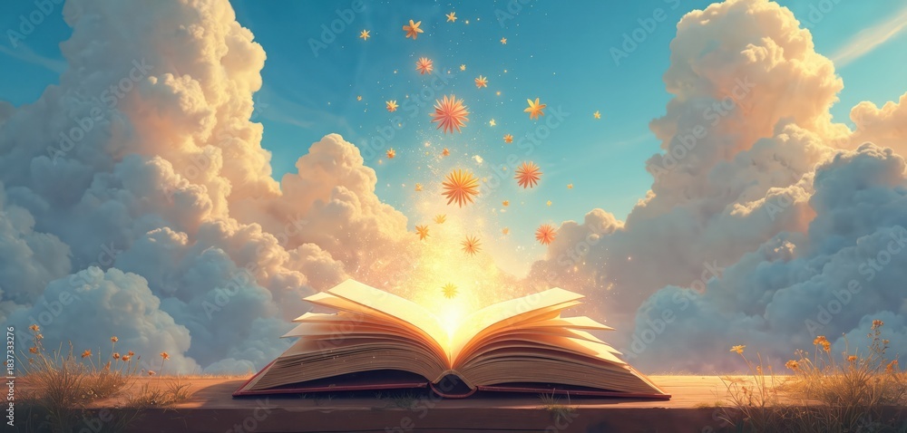 Obraz premium Illustration of open book emitting light under sky. Sparkling stars and clouds around. Concept of knowledge fantasy and dream with education.
