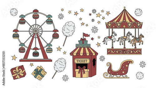 Festive Carnival Delights: A whimsical carnival scene featuring a Ferris wheel, carousel, ticket booth, cotton candy, and gift, all adorned with festive decorations and playful elements.