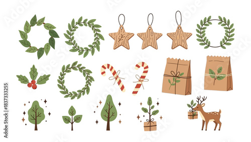 Festive Holiday Icons: A collection of festive holiday icons, including wreaths, stars, candy canes, gift boxes, and trees. This design conveys the joy and spirit of the holiday season.