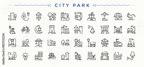 City Park line icon set. Minimalist icons collection. Town icon set. Related to outdoor, park, cityscape, city, land, house, playground and more.
