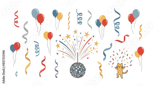 Party Decorations Elements: A vibrant collection of festive elements, including balloons, ribbons, confetti, and a disco ball, creates a joyful atmosphere, perfect for celebrations and events. 