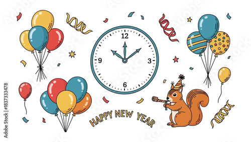 New Year Countdown Illustration: A festive illustration with a whimsical squirrel celebrating the upcoming New Year, surrounded by balloons, confetti, and a clock ticking towards the midnight.