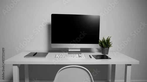 Minimalist home workstation with a single monitor, clean desk layout, and soft natural daylight creating a calm, organized, and visually simple remote-work environment.