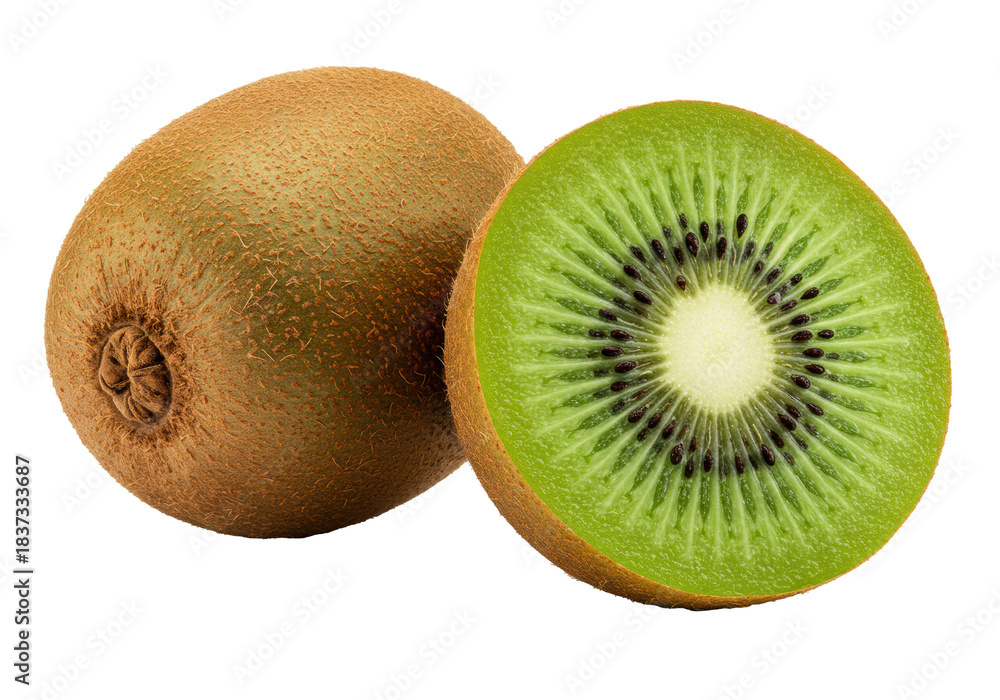 Obraz premium A ripe kiwi fruit sliced in half next to a whole one on a white background with the text 'VITAMIN C'. Concept of freshness and healthy eating
