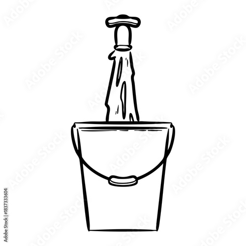 Hand Drawn Doodle Icon of Faucet Water Filling Cleaning Bucket. Black and White Sketch Vector Illustration.