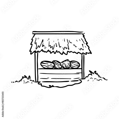 Black and white doodle drawing of a street food stall with thatched roof selling watermelons, sketch vector illustration.