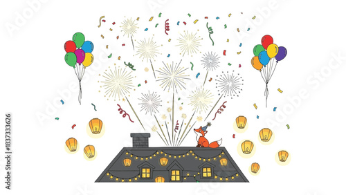 Festive rooftop celebration: The illustration depicts a celebratory scene on a rooftop, with a fox observing fireworks, complemented by balloons and paper lanterns.