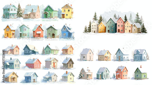 A charming watercolor illustration set of winter cottages in soft pastel colors, featuring snowy rooftops, cozy houses, and forest elements perfect for seasonal and holiday designs.