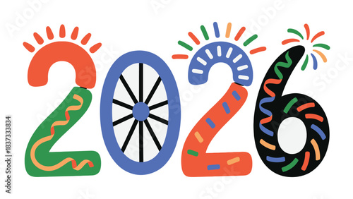 The year 2026 Celebration: A vibrant and celebratory illustration of the year 2026, filled with festive colors, dynamic shapes, and a sense of joy and anticipation.