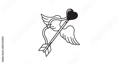 Mythological Cupid illustration with winged arrow and heart.