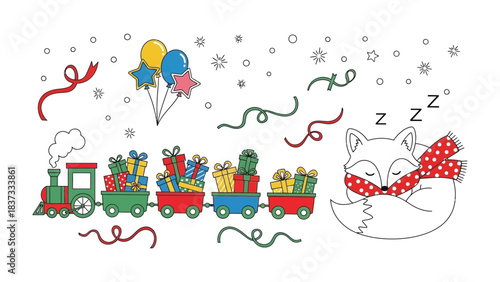 Whimsical Christmas train and sleeping fox: Festive illustration showcases a cheerful train laden with gifts, paired with a sleeping fox, evoking the joy and anticipation of the holiday season.