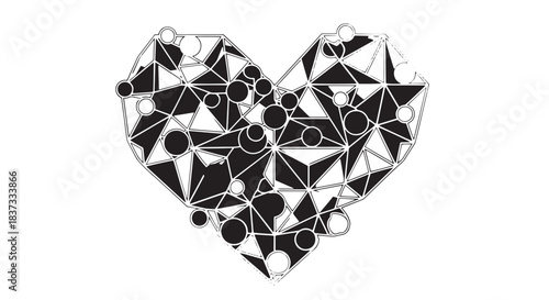 Geometric Black and White Heart Made of Polygonal Shapes and Lines.