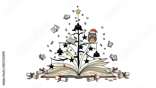Enchanted Literary Wonderland: A whimsical illustration of a Christmas tree constructed from the pages of an open book, adorned with stars, ornaments and a festive owl.