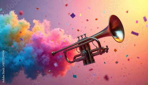 Golden trumpet with burst of vibrant pink, blue, yellow smoke, falling confetti. Dynamic abstract illustration represents celebration, jazz music, energetic sound waves. Bright gradient background © Vadym