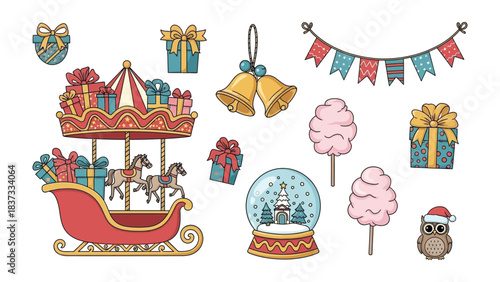 Festive Carnival: A collection of delightful illustrations capturing the spirit of celebration, featuring a carousel, gifts, decorations, snow globe, cotton candy, and a charming owl.