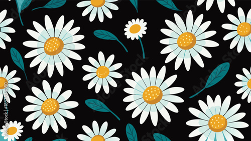 Seamless pattern with daisy flowers on black.