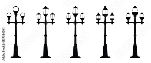 Collection of City Lamp Light, Collection of street lamp icon, street light posts set, sidewalk lantern icon vector illustration.