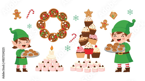 Festive Delights: Two charming elves prepare a delectable arrangement of holiday treats, including gingerbread, cookies, and cupcakes, accented by snowflakes. 