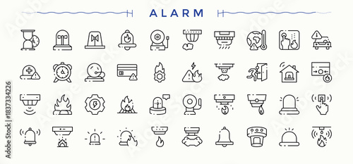 Alarm icon set. It contains symbols to fire clock, lock, alert, notification and more. Notification icon set. Minimal thin line web icons set. Vector illustration.