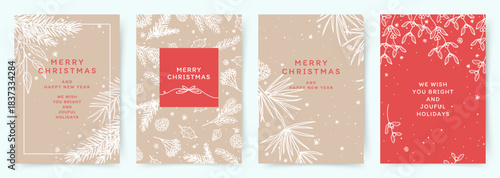 Set of Christmas cards. Hand drawn winter backgrounds with snowflakes and fir branches on a beige and red background. Vector illustration with elegant botanical decorative elements