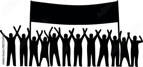 Crowd rallying with black banner protest action silhouette background vector