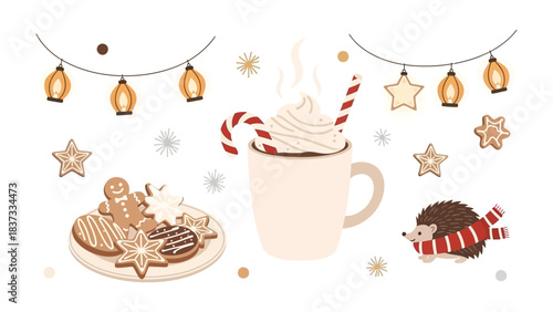Festive Delight: A warm cup of hot chocolate with whipped cream and candy cane, a plate of gingerbread cookies, and a cozy hedgehog enjoying the holiday season.