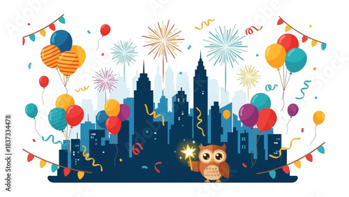 City Celebration: A celebratory scene unfolds with colorful balloons, festive bunting, and vibrant fireworks lighting up the cityscape.
