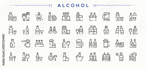 Alcohol icon collection. Minimalist icons pack. Related to beverage, bar, whiskey, wine, vodka. Editable vector. Pixel perfect. Champagne modern icon set.