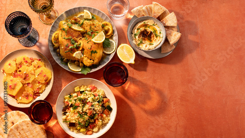 oroccan cuisine border with chicken tagine, vegetable couscous, orange salad