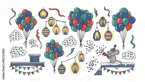 Whimsical Celebration Elements: An adorable collection of festive elements, including colorful balloons, charming lanterns, and a playful train.