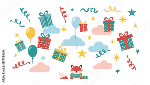 Gift-Laden Celebration: This design presents an array of festive gifts, balloons, stars, and ribbons, creating a celebratory and joyful atmosphere. A whimsical fox adds to the charm.