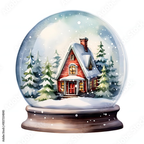 Enchanting winter scene with cozy house in a snow globe watercolor illustration