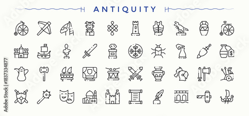 Antiquity icon collection. Pictograms of historical, museum, undo, ancient, document and more. Ancient icon set. Simple line vector icons. Editable vector art and illustration.