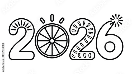 Year 2026: An abstract representation of the year 2026, where a wheel and fireworks are creatively integrated to symbolize progress, innovation, and celebration.