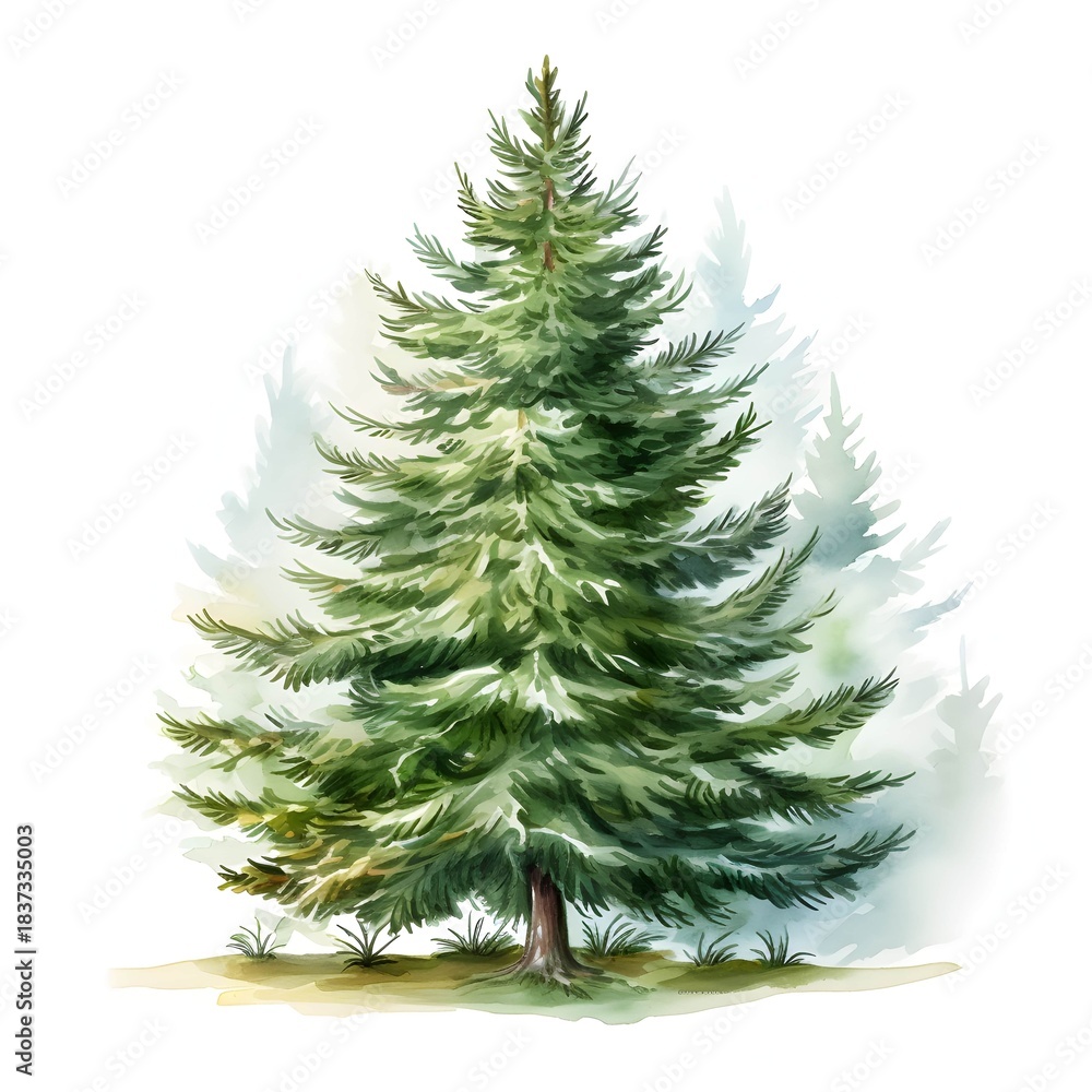 Fototapeta premium Watercolor painting of a serene fir tree in a forest with other trees in the background