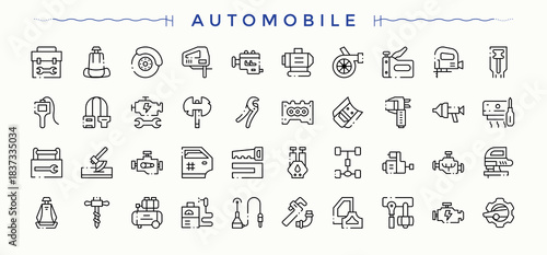 Automobile icon set. Includes thin line symbols repair, parts, service, spare, car and more. Auto Parts icon set. Modern icons collection. Pixel perfect. Editable stroke.