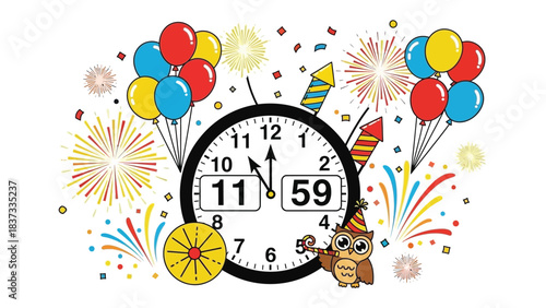 Countdown Celebration: A vibrant scene captures the anticipation of a festive event, with a detailed clock marking the final moments. Balloons, fireworks, and confetti create a joyful atmosphere.