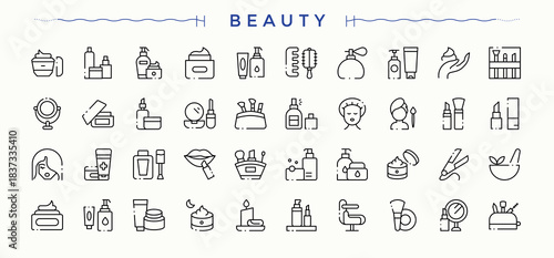 Beauty icon set. Aesthetics line icon set. Minimalist icons collection. It contains symbols to spa, makeup, cosmetic, care, beauty care and more. Editable vector. Pixel perfect.