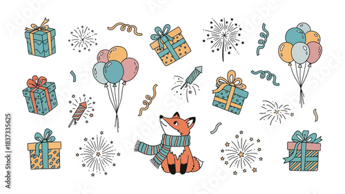 Festive Fox in a Celebration: A cheerful fox, adorned with a cozy scarf, is surrounded by an array of vibrant gift boxes, playful balloons, and sparkling fireworks.