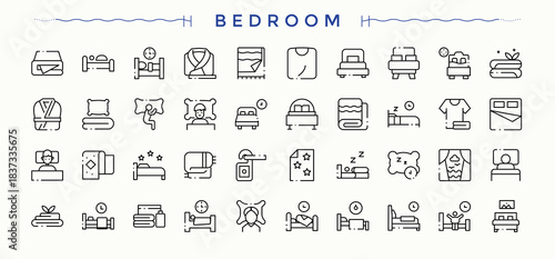 Bed Room icon set in linear style. Isolated icons. Vector artwork and illustration. Furniture icon pack. Related to furniture, decor, bed, bedchamber, room and more.