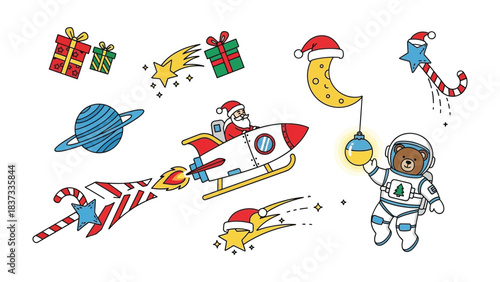 Celestial Christmas Delights: A whimsical illustration captures a festive scene, featuring a rocket-riding character, wrapped gifts, celestial bodies, and a bear in a space suit.