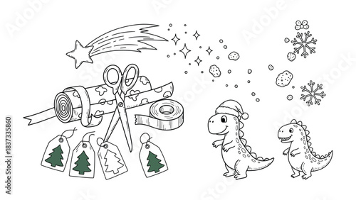 Holiday Prep: Two cute dinosaurs, wear Santa hat, prepare Christmas gift package and decorations. The illustration depicts festive details like gift wrap, ribbons, and snowflake.