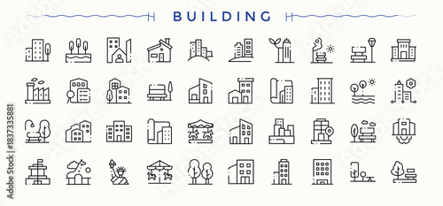Building related icon set. Real Estate icon set. Contain linear symbols real estate, residential, home, villa, shop, town and more. Editable stroke. Vector collection.