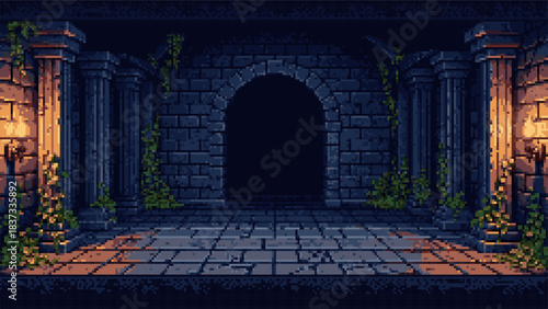 Dark pixel art ancient ruin or dungeon interior with stone pillars and archway, illuminated by sconces, suitable for video game background.