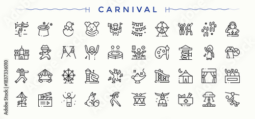 Carnival icon set. Amusement vector outline icons collection. Outline icons collection. Fun icon set. Editable vector art and illustration.