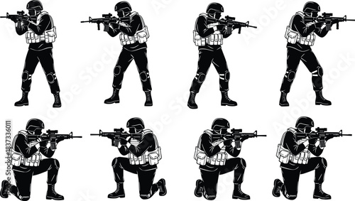 Armed soldier silhouette set military combat poses tactical rifle aiming special forces illustration isolated