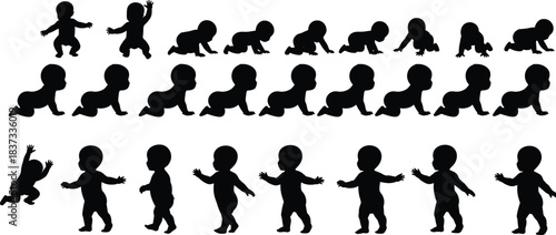 Baby growth stages silhouette set crawling standing walking toddler development milestones evolution sequence illustration isolated black child progress movement vector