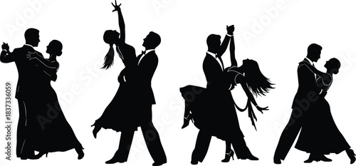 Ballroom dancing couple silhouette set elegant partners tango waltz romantic dance movement illustration isolated