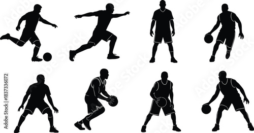 Basketball player silhouette set action poses dribbling shooting sport athlete competition illustration isolated