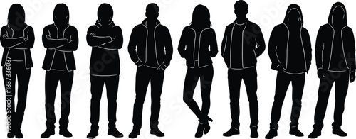 Casual people silhouette set urban youth hoodie street fashion standing illustration isolated